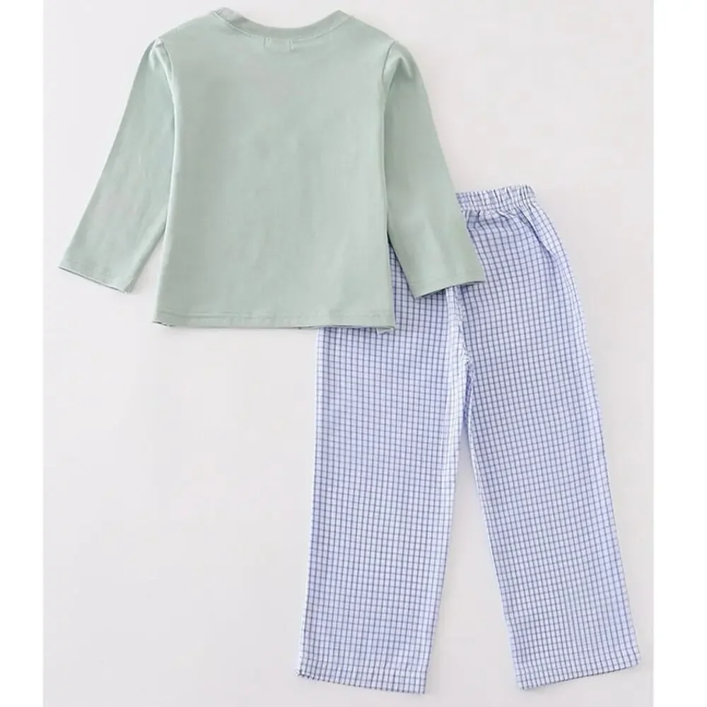 NEW Abby & Evie Green Cow Embroidery Outfit‎ Set Long Sleeve Top & Gingham Pants